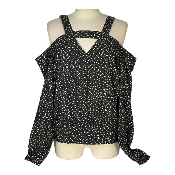 BEBE Black Grey White Polka Dot Long Sleeve Off the Shoulder Strap Blouse Sz XL - Picture 1 of 12